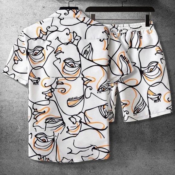 Street Style White Men's Figure Graphic Shirt & Short Set - Picture 2 of 4